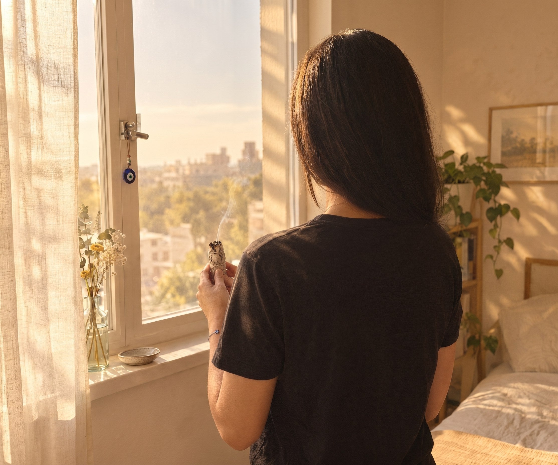 Woman with long black hair seen from behind, holding a sage bundle by a sunlit window with an evil eye charm