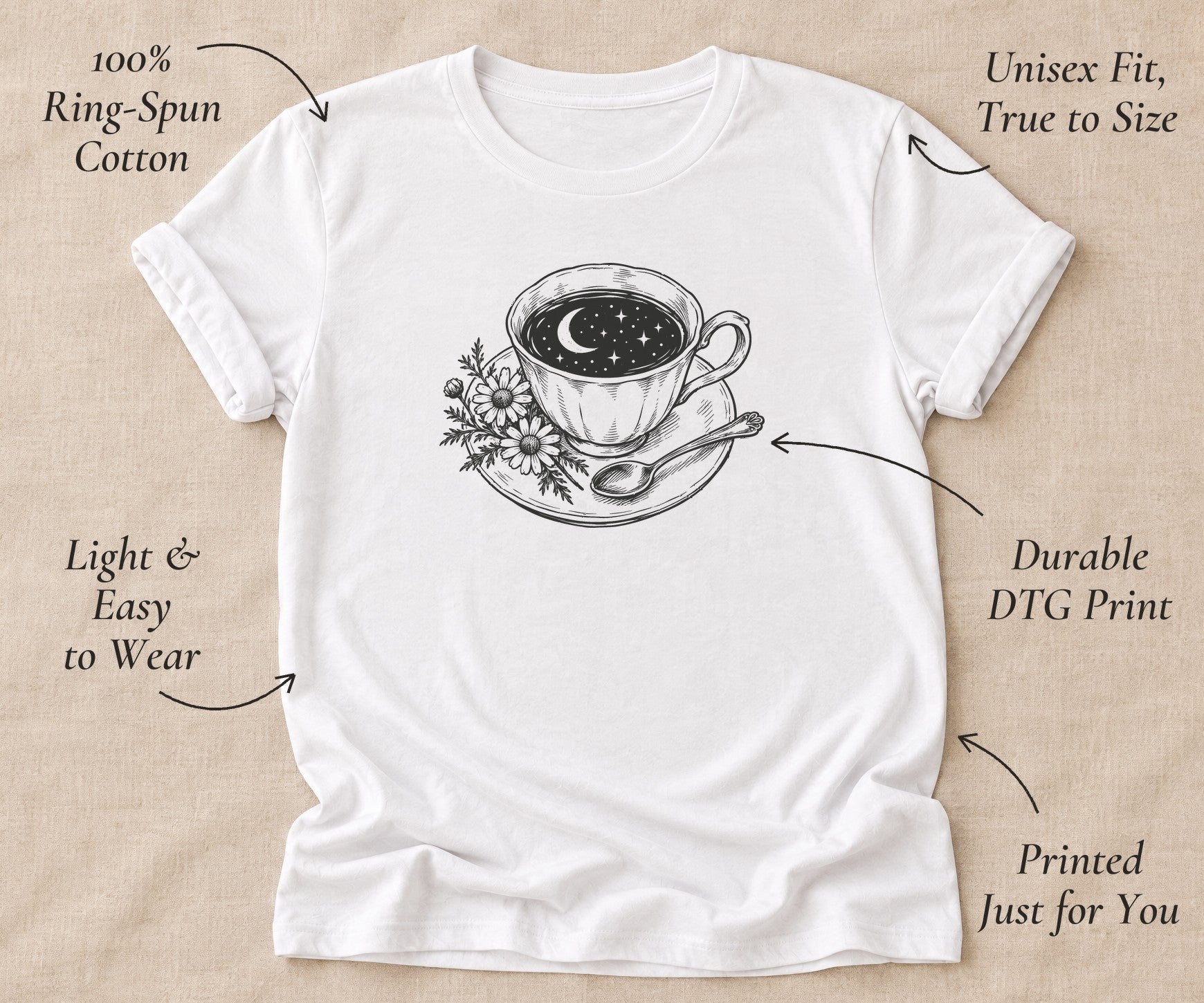White Burn The Sage tee with the Cup Of Stars design, with notes: 100% ring-spun cotton, unisex fit true to size, light and easy to wear, durable DTG print, printed just for you
